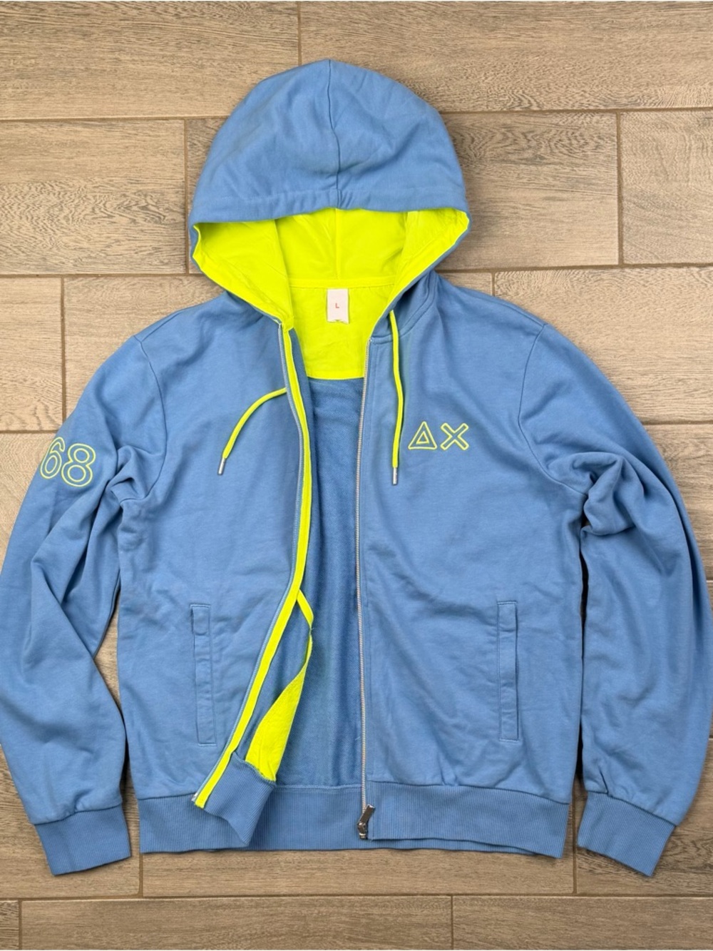 SUN68 Italy Men's Light Blue Full Zip Hoodie Neon Green Lining Logo Size L NWOT